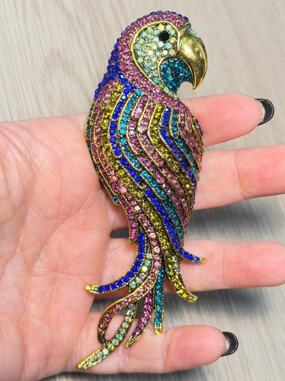 Vintage Rhinestone Parrot Bird Brooch Gold Tone Pink Blue Green 5”